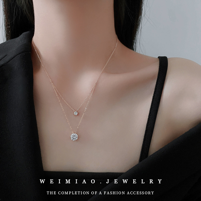 Real Gold electroplated zircon double-layer geometric necklace high-grade temperament stacked clavicle chain Japanese and Korean ins Fashion necklace