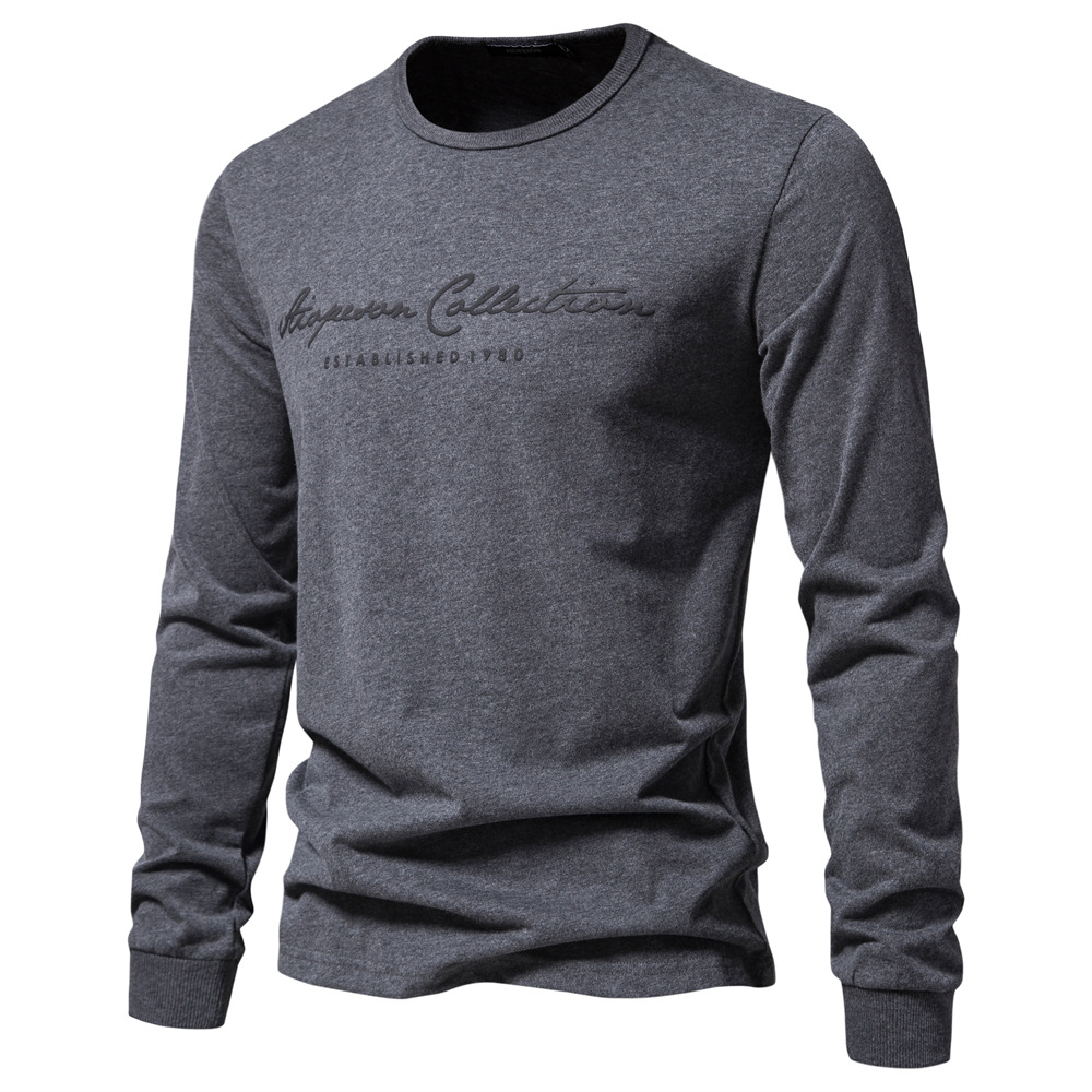 Men's Long Sleeve New Solid Color T-Shirt European Size Casual Sports Round Neck Pure Cotton Letter Printed Long Sleeve Base Shirt