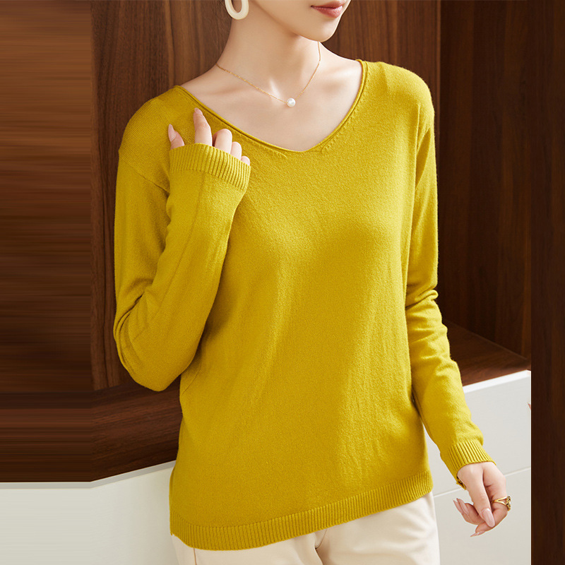 V-Neck Imitation Wool Women's Spring & Fall Single Wear Long-Sleeved 2025 New Low-Neck Inner Base Knitted Sweater for Women