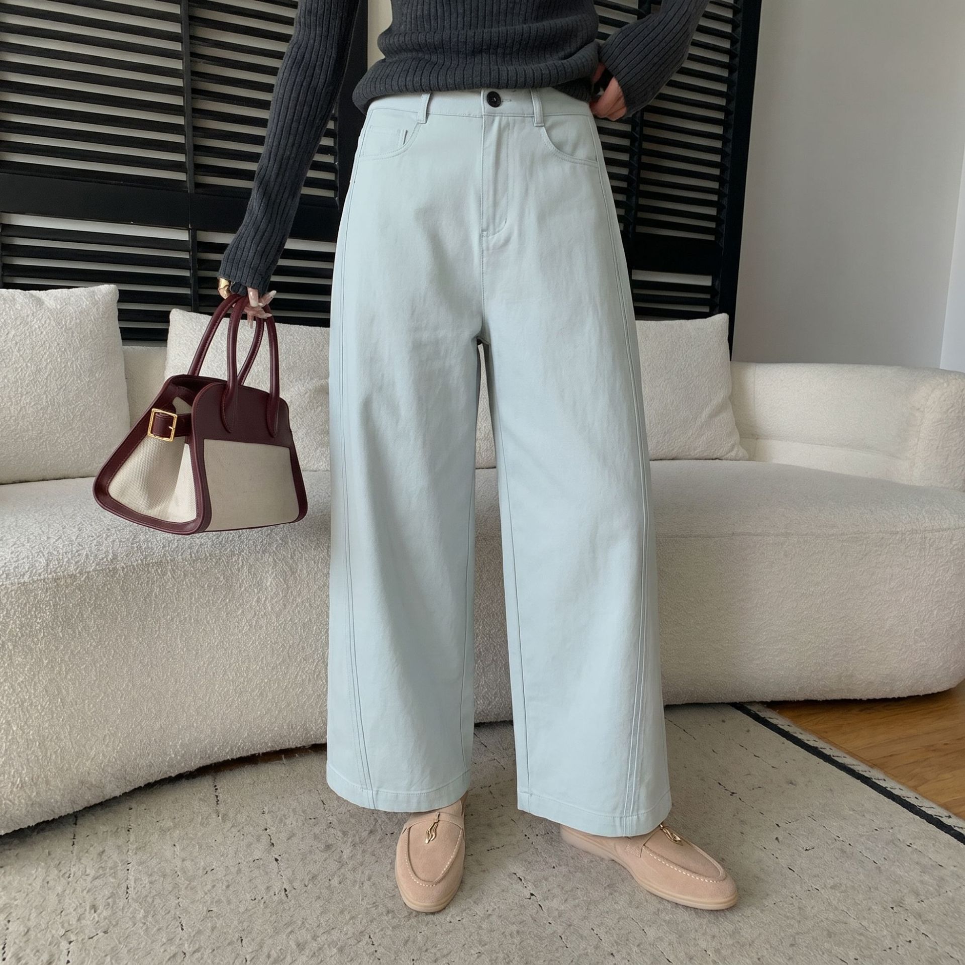 Spring and Summer New Anti-Wrinkle Ultra-Comfortable Cotton Light-Colored High-Waisted Straight Wide-Leg Pants, Slimming and Relaxed Fit Design Casual Pants