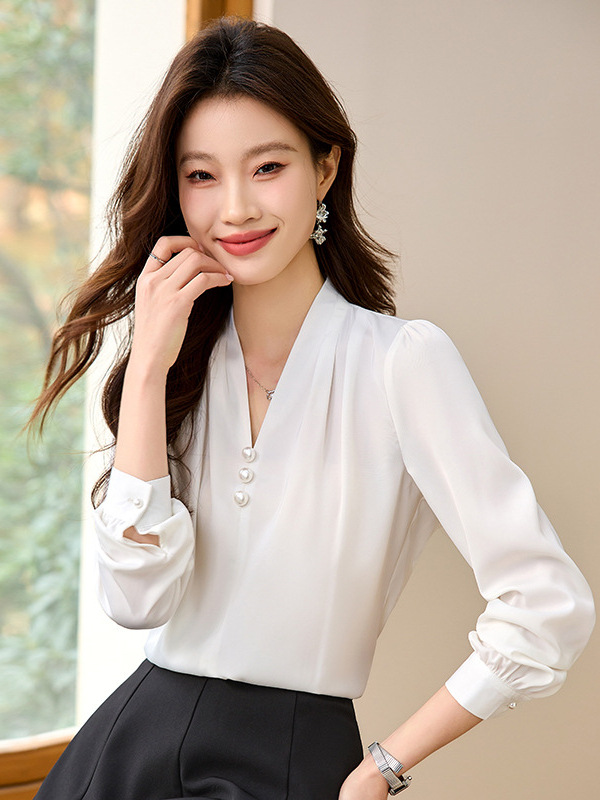 White V-neck Shirt Women's 2025 Spring New High-end Chiffon Top Business Wear Inner Shirt Dress