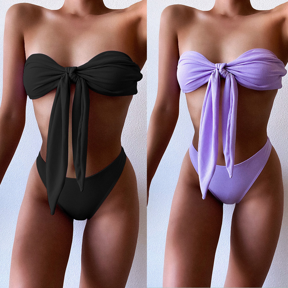 Cross-Border Trade Ribbed Fabric Bandeau High-Waisted Bikini Amazon Aliexpress Swimwear Women's European and American Tight-Fitting Quick-Drying
