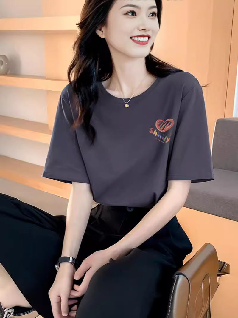 Pure Cotton Short-Sleeved T-Shirt for Women 2025 Summer New Trendy Brand Right Shoulder Half-Sleeved T-Shirt with Loose Fit for Couples