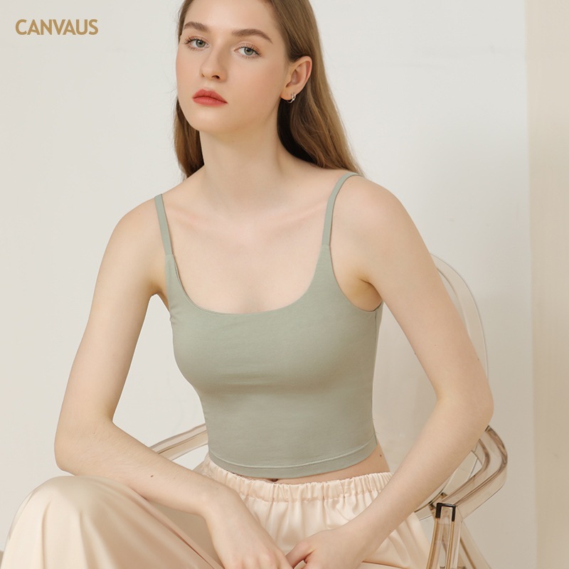 CANVAUS Short Thin Shoulder Black Sling with Chest Pad Women's U-Shaped Collar Elastic Slim-Fit Inner Top Base Shirt for Summer