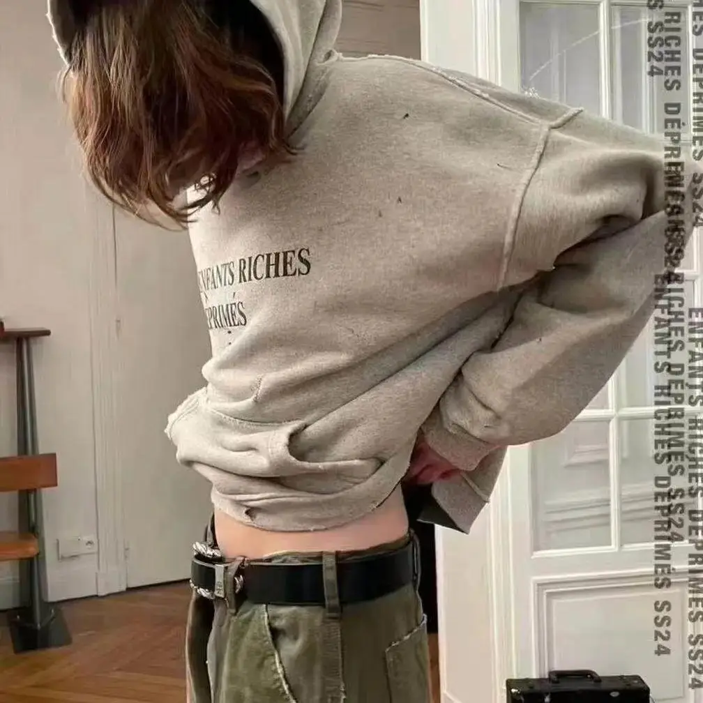 (In stock) 24SS flower grey wormhole slogan autumn and winter splashed ink heavyweight hoodie
