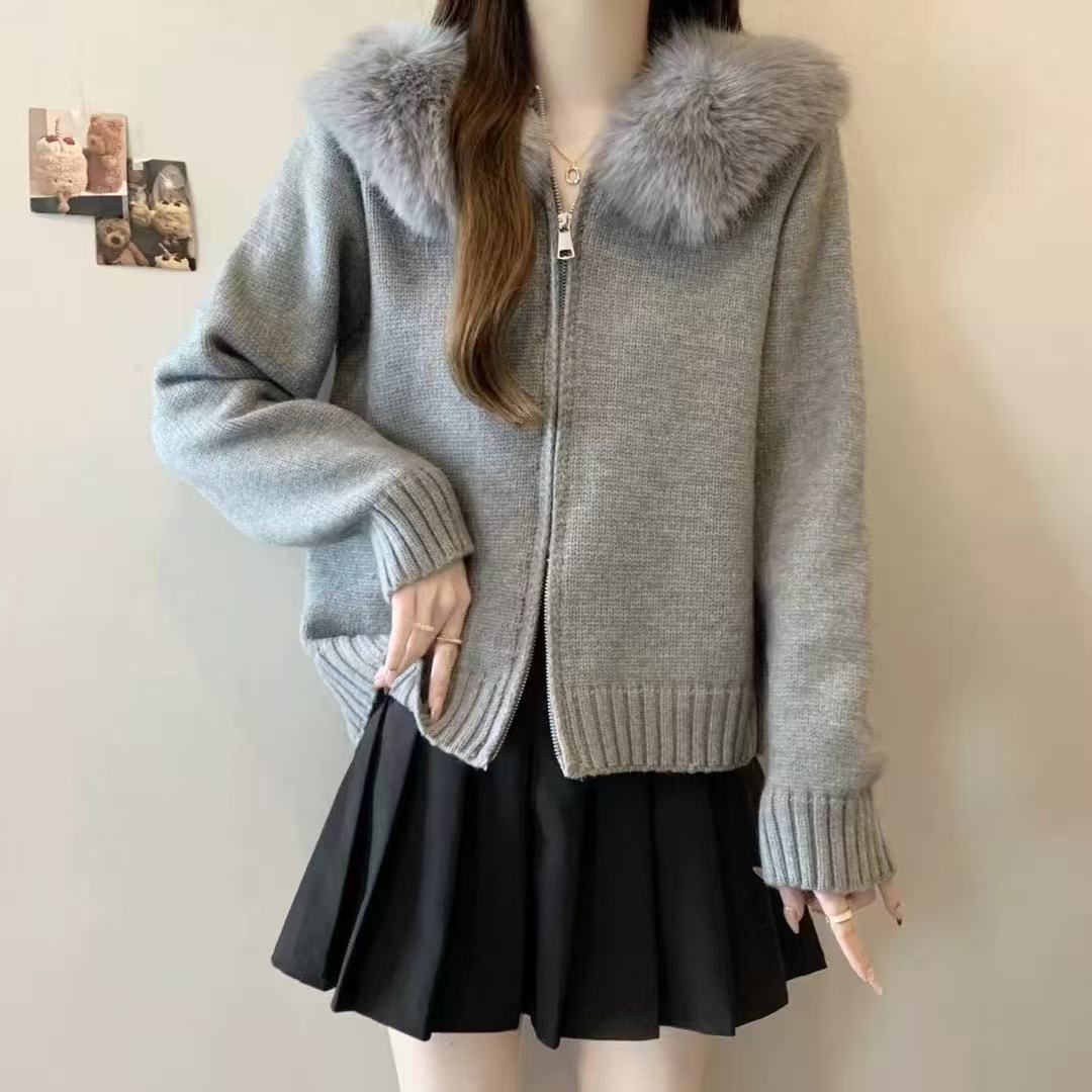 Korean Casual Imitation Wool Hooded Long-Sleeved European Style Mao Ning Autumn and Winter New Loose Slimming Look Knitted Sweater Women's Cardigan