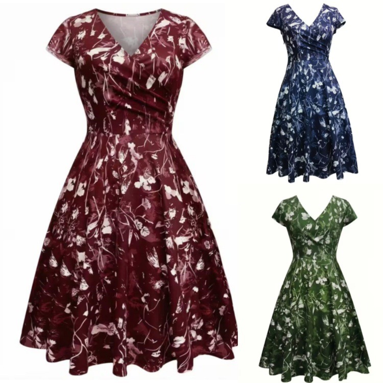 2026 Summer New Style European and American Amazon V-Neck Printed Short-Sleeved Long Dress Elegant and Fashionable Plus Size Women's Dress