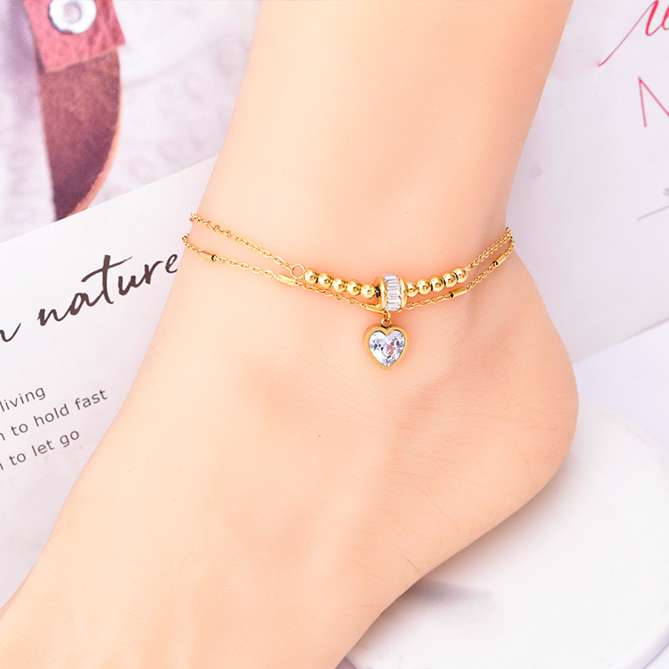 Double-layer Roman round zircon love anklet personality all-match Beach white shell butterfly golden round beads stainless steel foot ornaments
