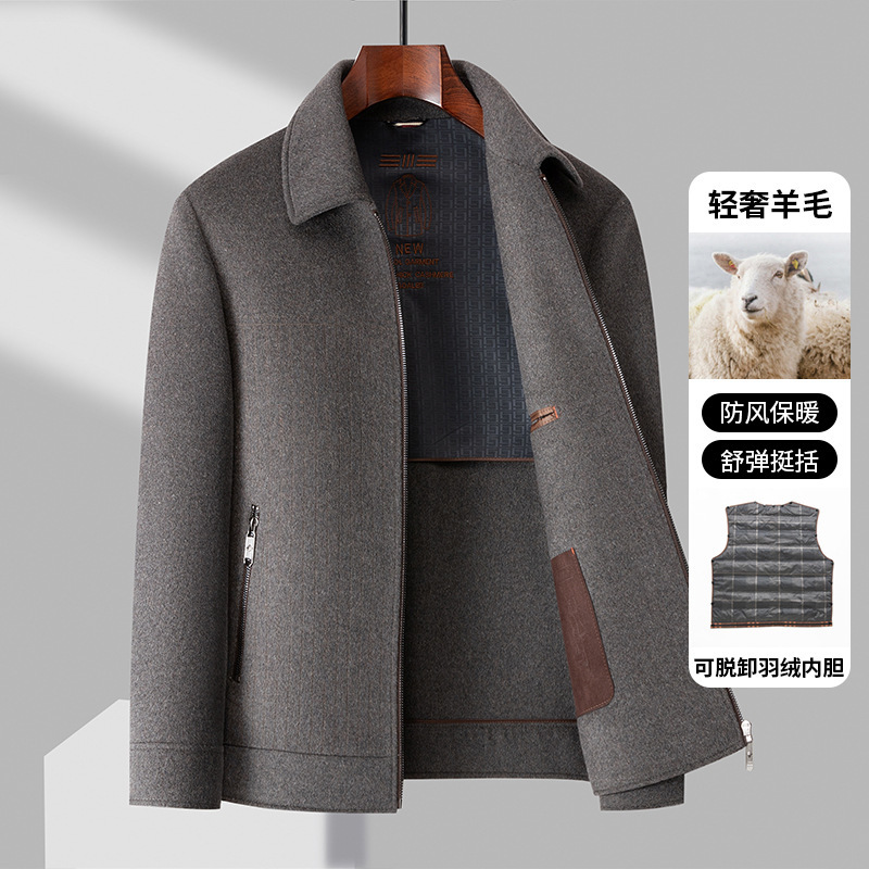 Big Brand Autumn and Winter Double-sided Wool Jacket Men's Middle-aged Lapel Removable Down Liner Cashmere Woolen Jacket