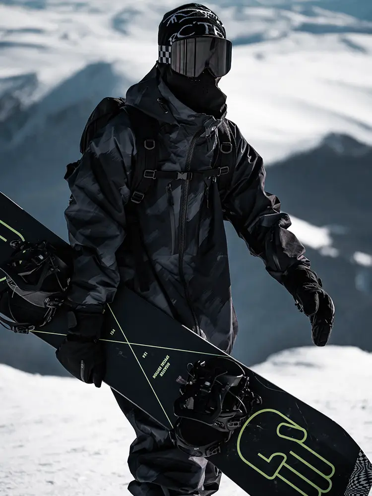 Snowproof Black Printed Ski Suit with Fleece Lining, Waterproof, Windproof, Loose Oversize, Full Taped Snowboard Suit