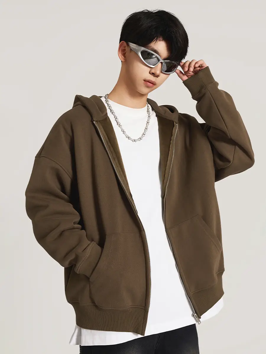 Men's Original Trendy Oversize Dropped Shoulder Loose Fall and winter Outwear Fleece-lined Solid Color Zipper Hoodie Os Sweatshirt