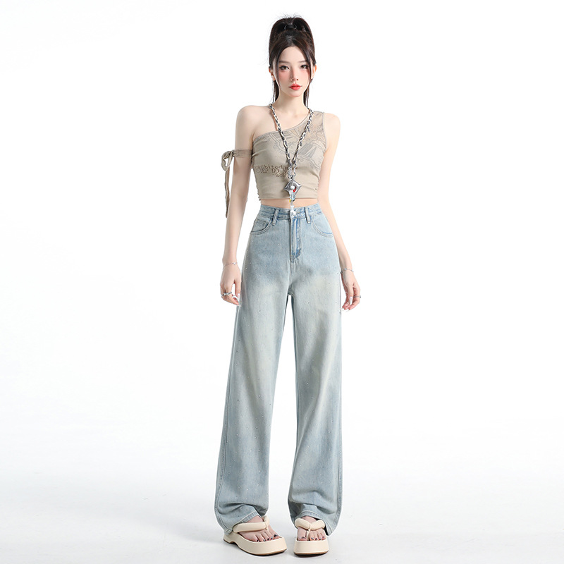 Fashionable Star-Studded Heavy-Duty Rhinestone Loose Straight-Leg Jeans for Women 2026 High-Waisted Slimming Versatile Rhinestone Long Pants