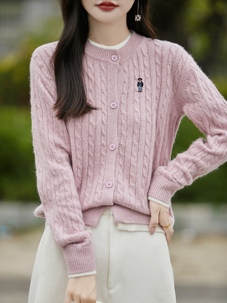 Exquisite Embroidered Fake Two-piece Knitted Cardigan Women's Twist Round Neck Long Sleeve Autumn and Winter Thickened Twist Sweater Jacket New
