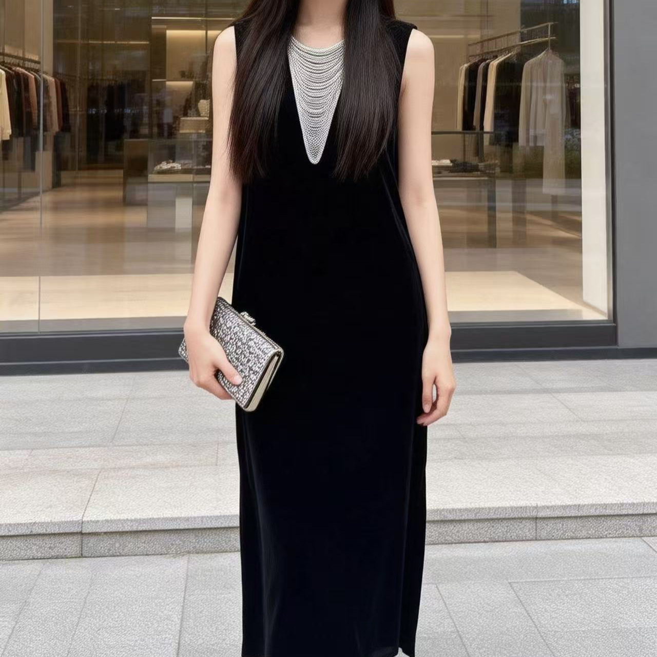 Shenzhen Nanyou 2026 Early Spring New Fashion Versatile Women's Dress with Small Design Elements, Heavy Craftsmanship, Beaded Chain, and Real Silk Velvet