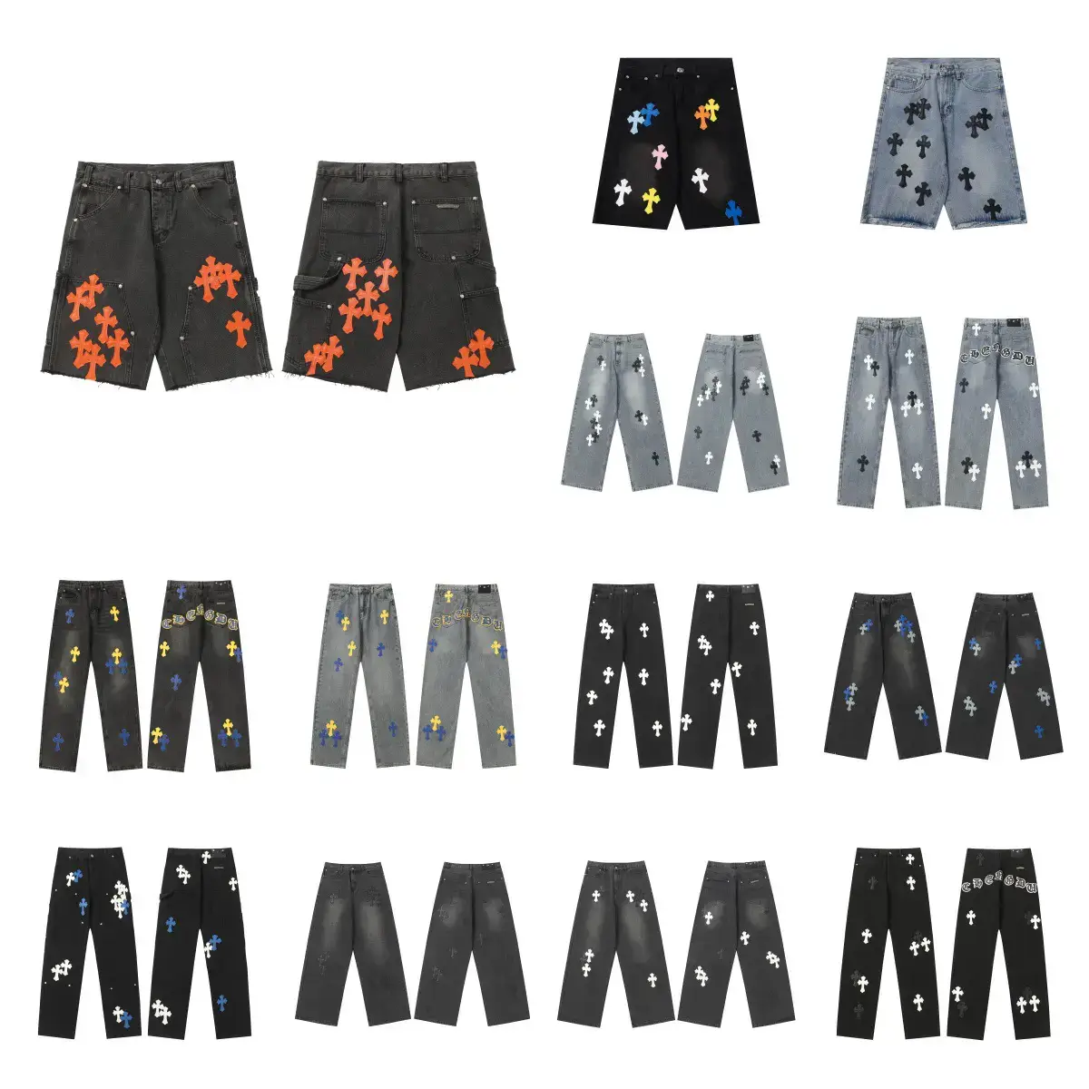24 Correct Version Ch Crowe Cross Leather Embroidered Washed Jeans Couple Loose Denim Wholesale Dropshipping