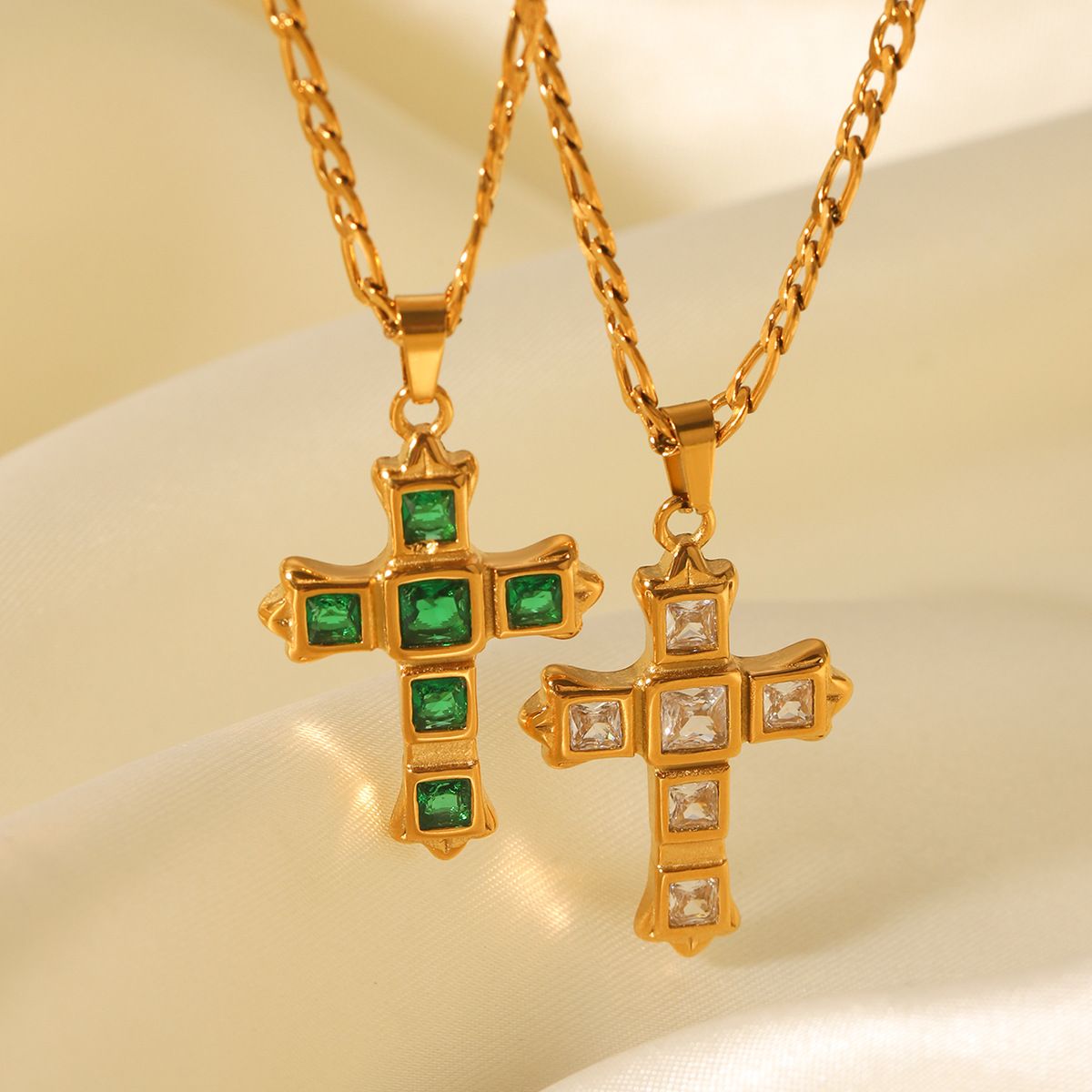 European and American Cross-Border Stainless Steel Figaro Chain Inlaid Zircon Cross Pendant Necklace Women's High-End Neck Necklace