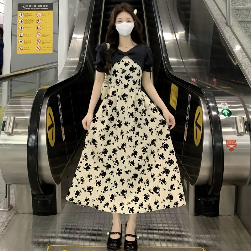 French style pure sweet and spicy floral dress Women's Mid-length dress stitching fake two-piece black rose Mori first love dress
