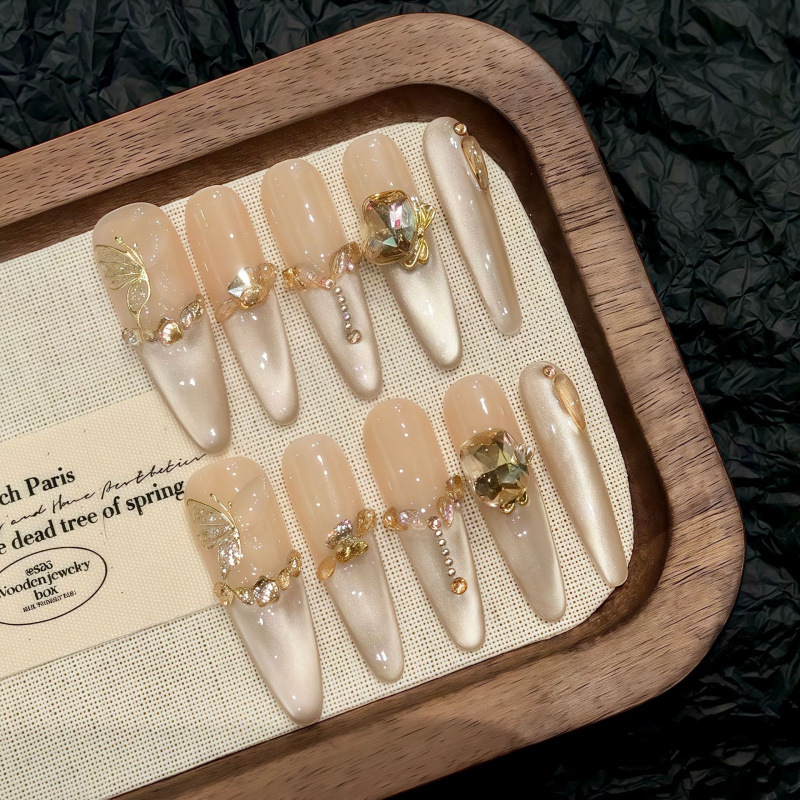 Rikman, Dead Leaf Butterfly Pure Hand-Wearing Armor Medium-Long Nude Gold-plated Three-dimensional High-end White Manicure Sticker