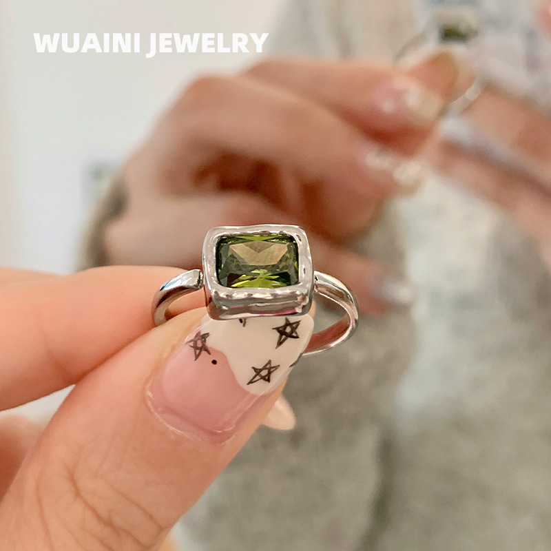 Fashionable Square Green Zircon Ring for Women, Light Luxury, High-End Feel, Non-Fading, Stackable, Adjustable Open Ring