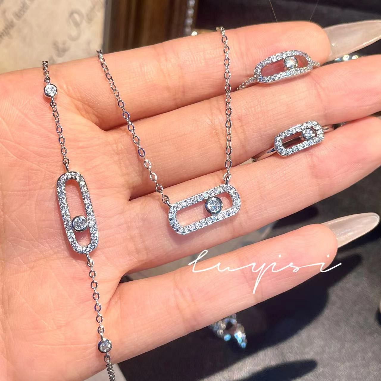 Advanced Sense Internet Popular Style Full Diamond Ear Studs Women's Elegant New Fashionable Geometric Pin Necklace Bracelet Ring Pendant suit