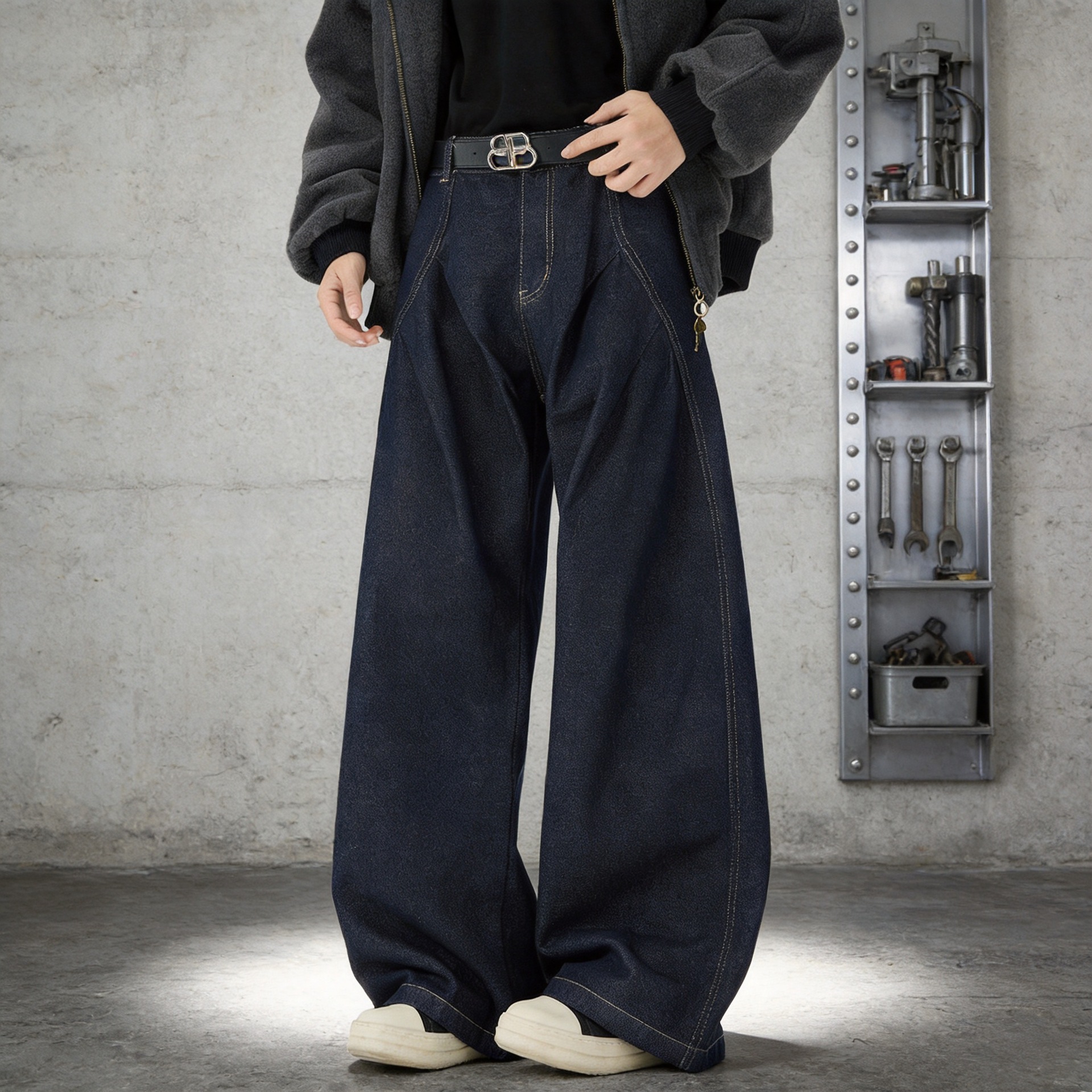 Trendy Brand Minimalist Deconstructed Silhouette Pleated Curved Hem Raw Denim Unisex Jeans Spring and Autumn Versatile Straight Loose Wide-Leg Pants