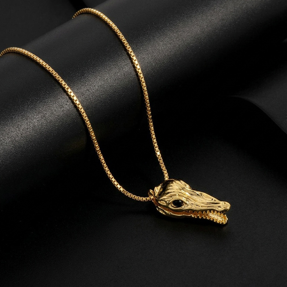 European and American Retro Three-Dimensional Metal Crocodile Head Pendant Necklace Personalized Punk Style Copper Diamond Color Represent Clavicle Chain Necklace