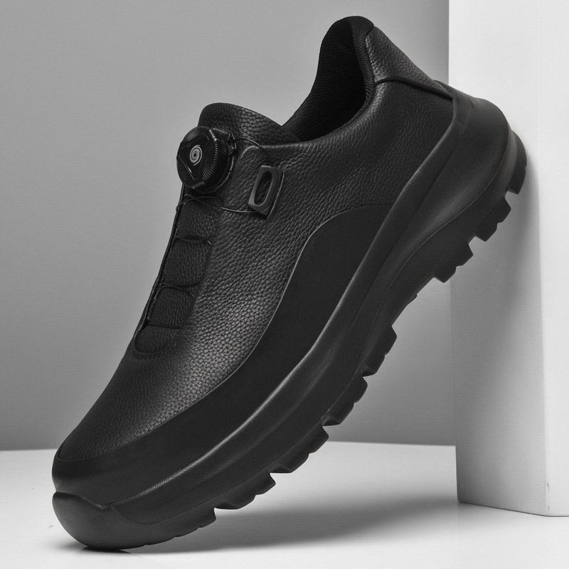 Cross-Border Spring Season Rotating Buckle Top-Layer Cowhide Sneakers, Fashionable Black Running Casual Shoes, Large Size Comfortable Men's Shoes