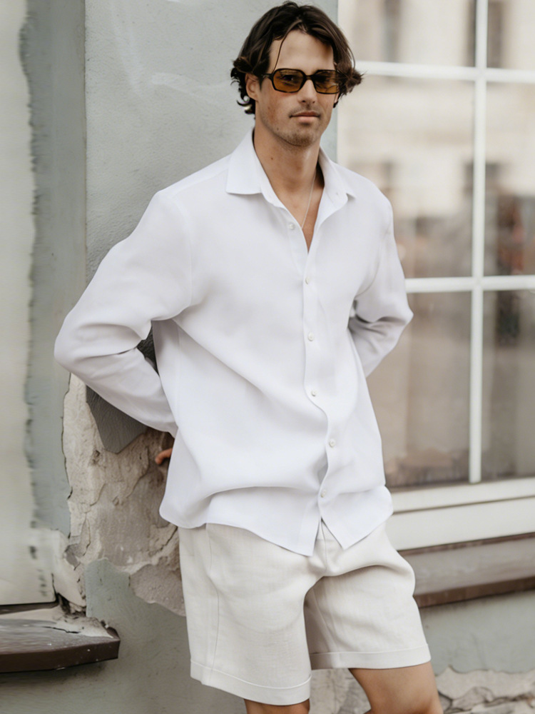 High-Weight 9-Count Pure Linen Men's Collared Shirt, Heavy-Duty Luxury Long-Sleeve Top, Spring Casual Breathable Shirt