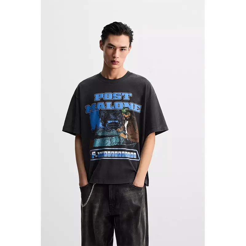 2025 Summer new men's POST MALONE™ print co-branded short-sleeved washed trend T-shirt 1277420