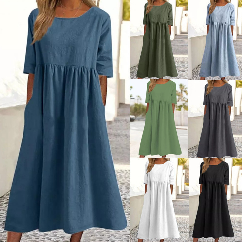 2026 Summer Amazon Independent Site New Cotton and Linen Casual Short-Sleeve Pocket Pleated Loose Round-Neck Dress