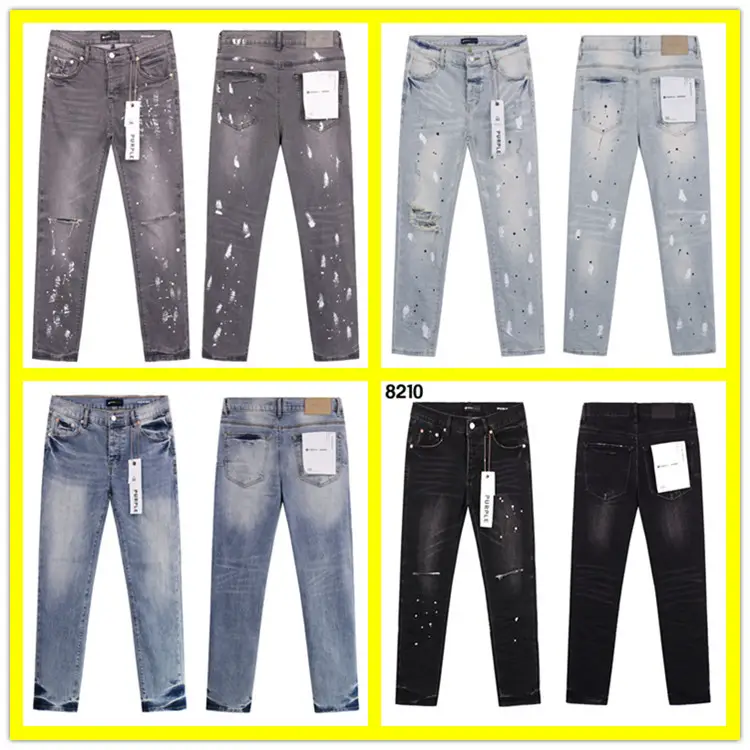Cross-Border Wholesale New American High Street Splashed Ink Hole Patch Hip-Hop Trendy Retro Straight Denim Long Pants Trendy