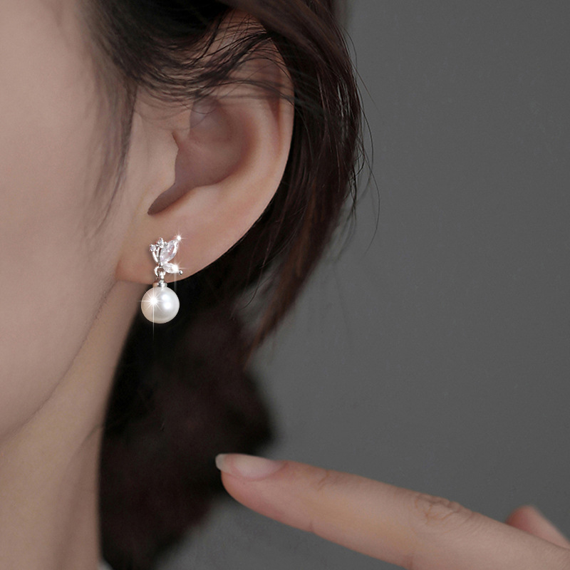 Pearl Zircon Butterfly Earrings New French Style Design Unique Wings Earrings Ins Fairy Style Bead Earrings