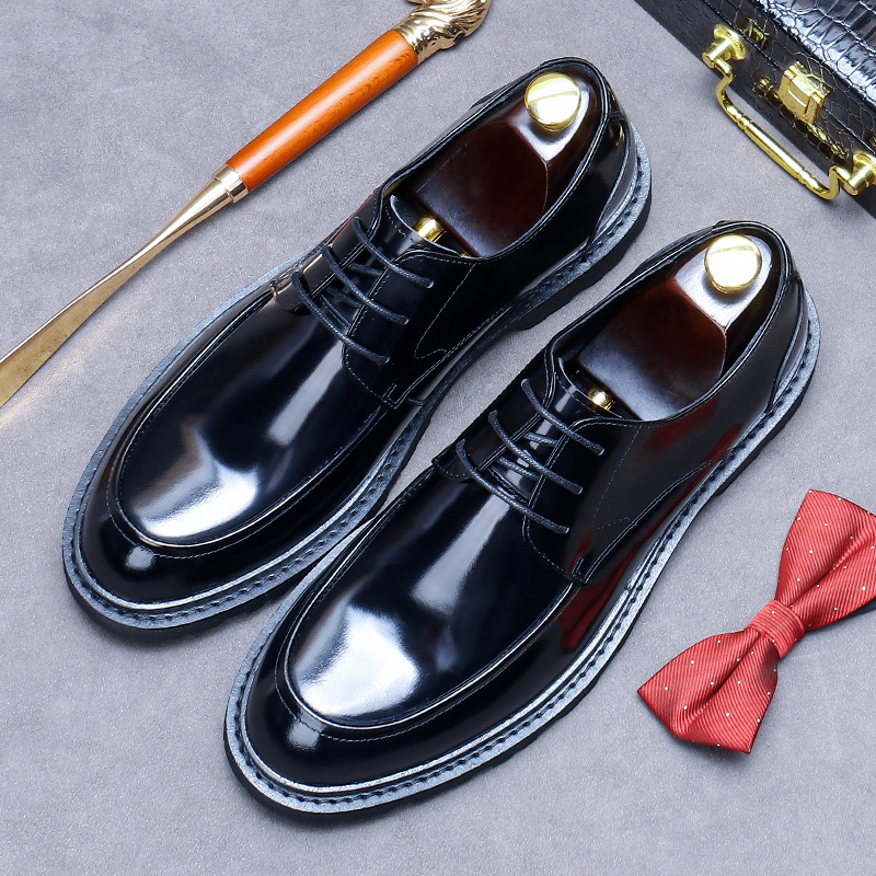 [Big Sale] Genuine Leather Shoes Men's Business Casual Shoes British Men's Shoes Lace-Up Derby Shoes Bright Leather Formal Shoes Round Toe