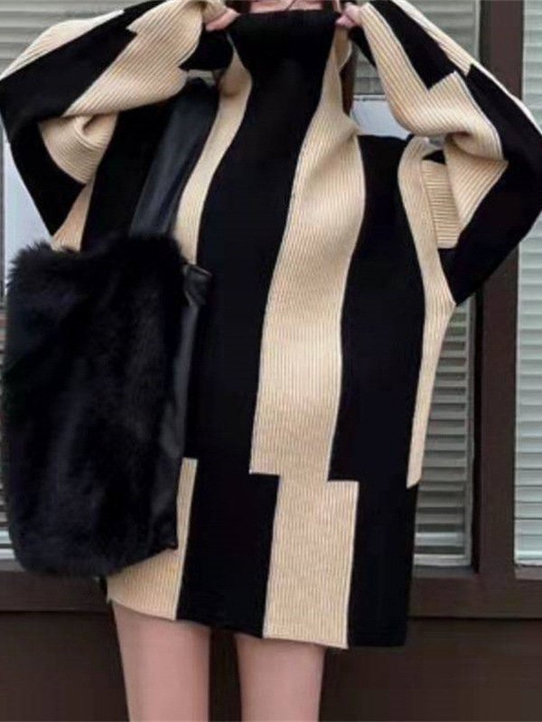 2026 Autumn/Winter High-Neck Loose-Fitting Lazy Style Irregular Top with a Unique Design, Elegant and Distinctive Striped Sweater for Women, Trendy