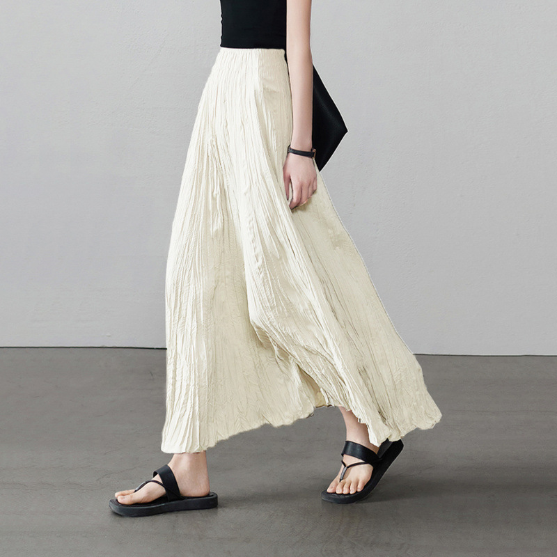 Texture pleated skirt women's spring and summer new vintage design elastic waist slimming pleated A- line mid-length skirt