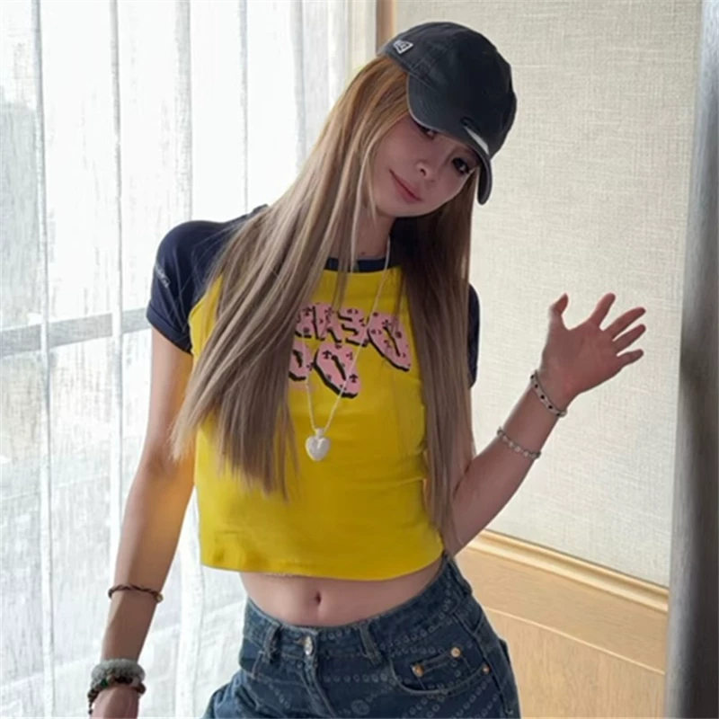 Sanskrit Cartoon Girl Print Short-Sleeved T-Shirt for Women, Summer Niche Design Raglan Sleeve Pure Desire Hot Girl Top Foto QC de TAOBAO na Qualit.ly