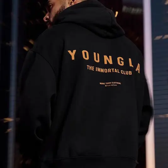 Youngla Men's Oversized Pullover Hoodie Double-Layer Composite Fabric Printed Jacket Sports Fitness Sweatshirt