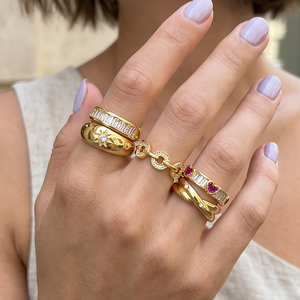 Retro Golden Eight-Pointed Star Sparkling Diamond Ring, Accessible Luxury and High-End Fashion, Zircon Ring, Rice-Shaped Open Ring