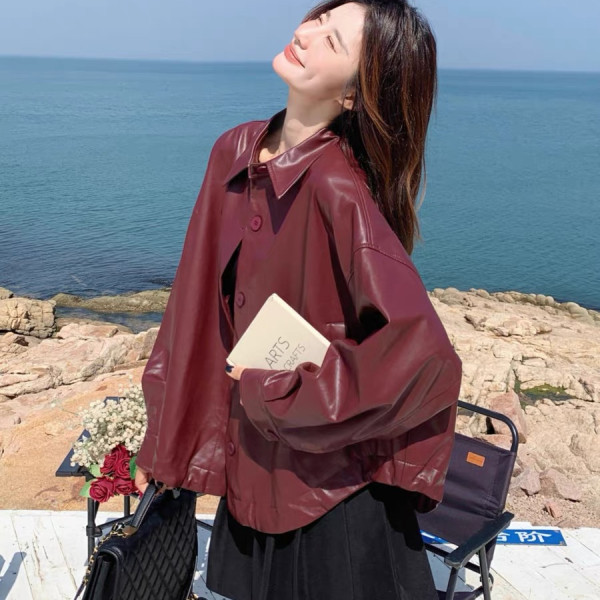 2025 spring new listing retro locomotive handsome leather coat single-breasted unique design short leather coat