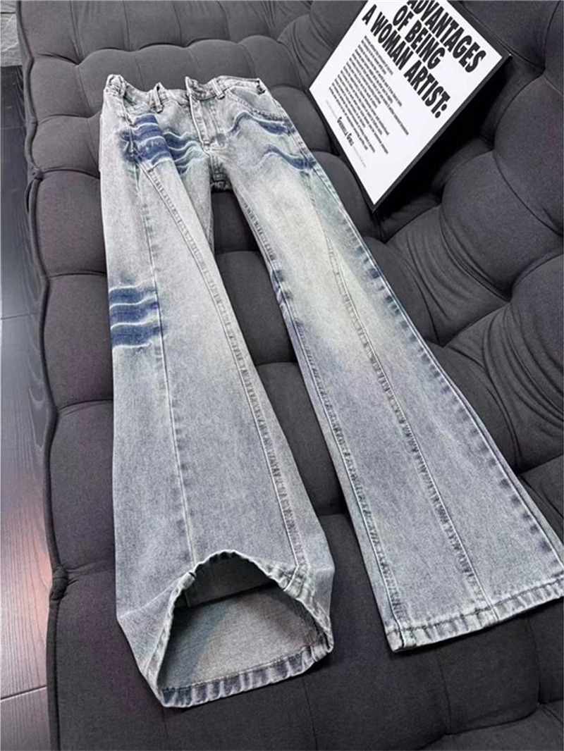 American-Style Diagonal Lightning Pattern Jeans for Men, Trendy High Street Vibe, Slim Fit Pants That Make You Look Slimmer and Longer-Legged, Slightly Flared Pants