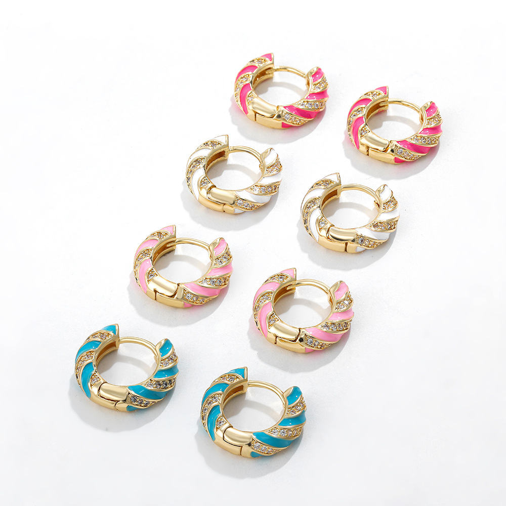 European and American Cross-Border 18K Gold Y2K Dopamine Colorful Oil Dripping Micro-Paved Zircon Earrings Sweet and Cool Ear Buckles Spiral Earrings