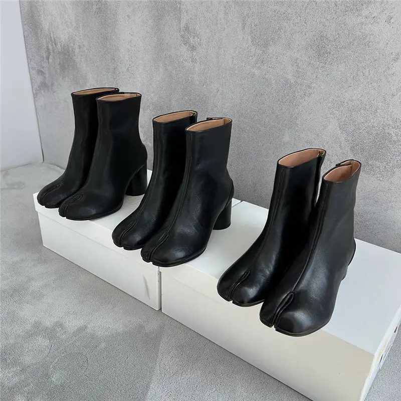Niche autumn and winter new tabi split toe boots female pig's trotters short boots sheepskin thick heel high heel boots leather fashion boots