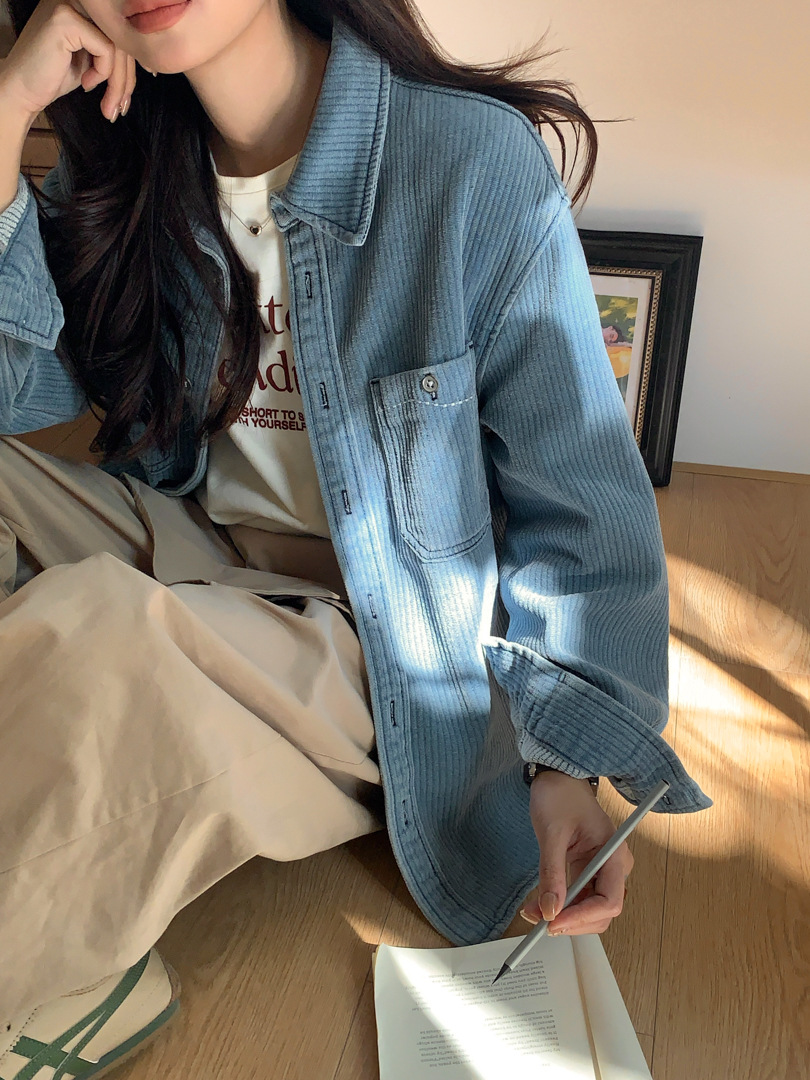GAGD Vintage light blue Denim Shirt Women's Fashionable Stacked Thick Soft Waxy All-match Denim Top Shirt