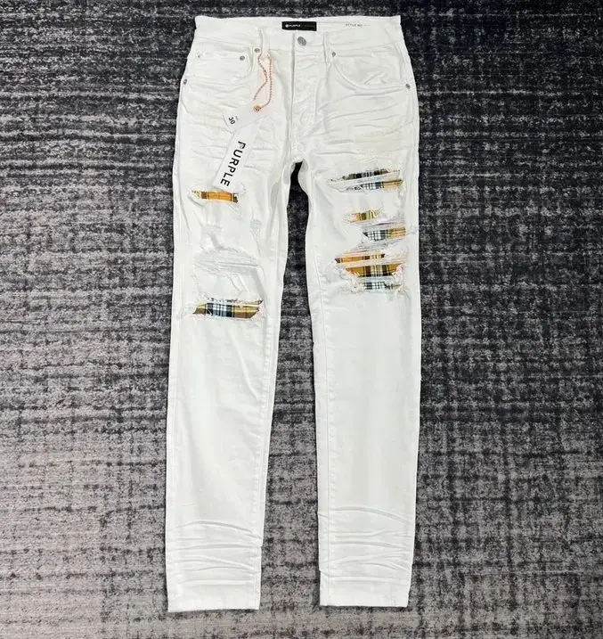 Purple Brand White Distressed Jeans with Plaid Patches