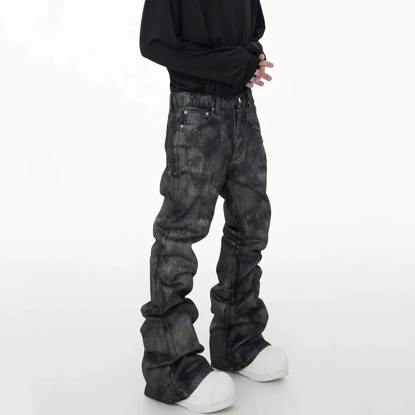 2024 S/S Autumn/Winter Handmade Brushing Glue Sparkling Powder Coating, Slimming and Stacking, Floor Dragging Jeans, Trumpet Long Pants, Men's Trendy