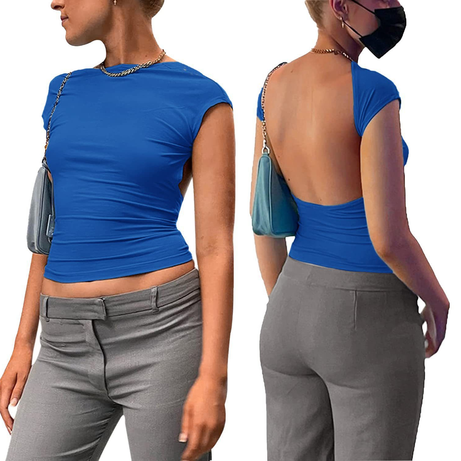2025 Summer Hollow Backless Top Tight-Fitting Short-Sleeved Navel-Baring Half Turtleneck Pure Color Sexy European and American Women's T-Shirt