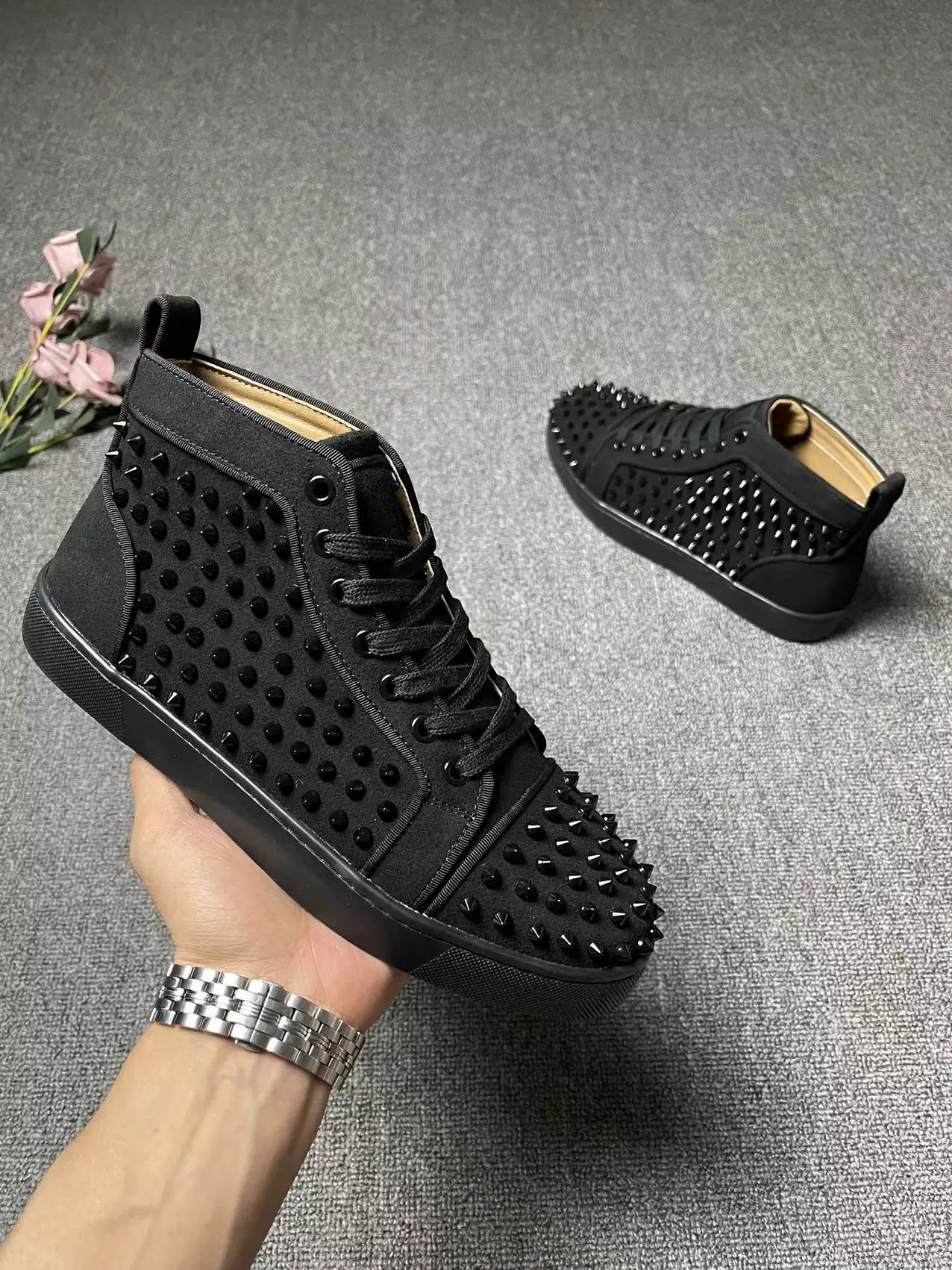 European Station Autumn/Winter New Red soled Shoes ACL1 Men's Shoes High Top Water Diamond Rivet Men's Shoes High Top Nail Casual Board Shoes