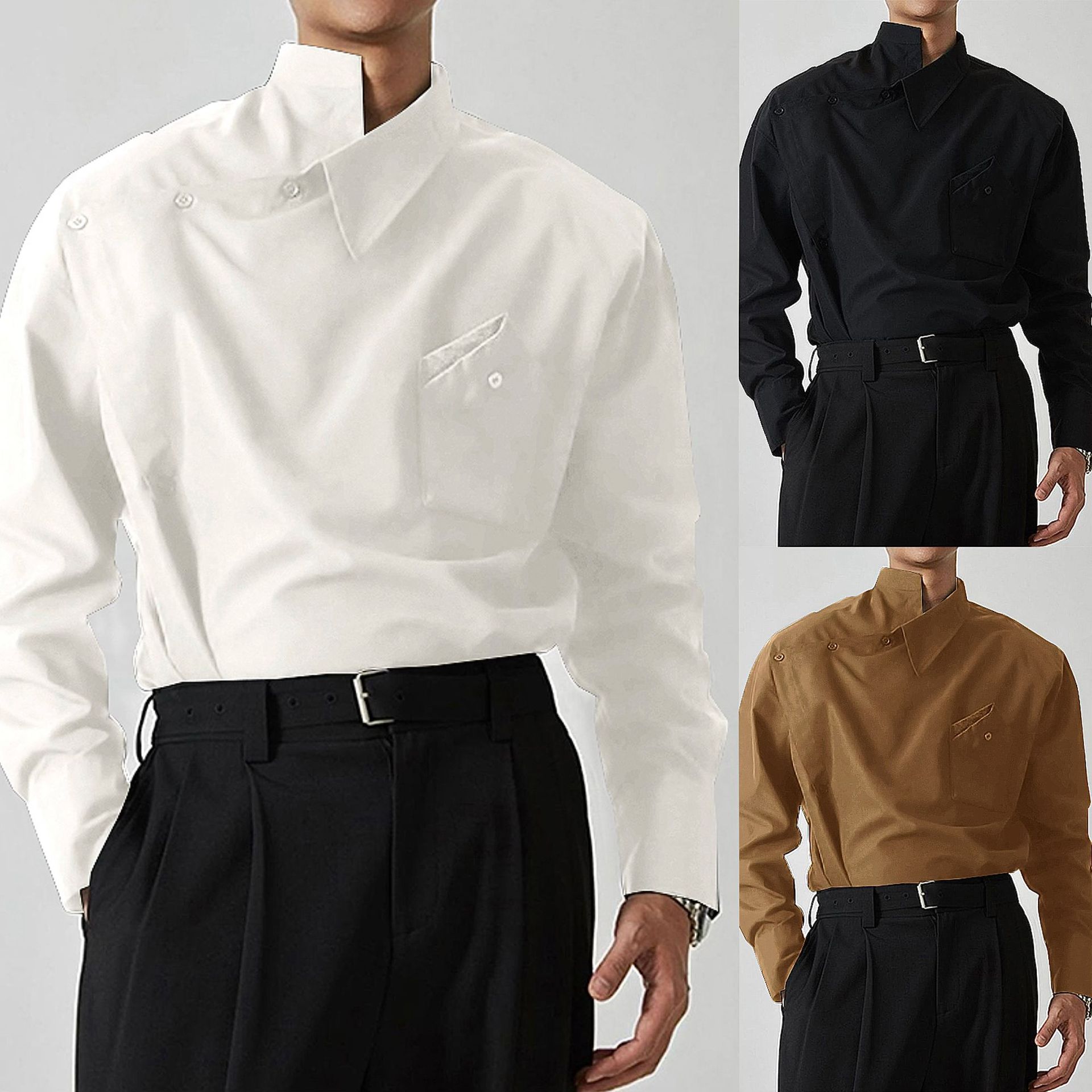 2026 Spring New Design Irregular Lapel Shirt French Men's Fashion Show Chic Buttoned Long-Sleeved Shirt