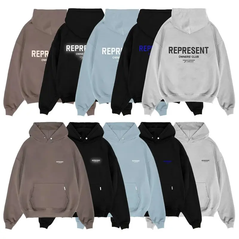 跨境高街Represent 经典标语字母连帽卫衣宽松潮牌情侣男女帽衫