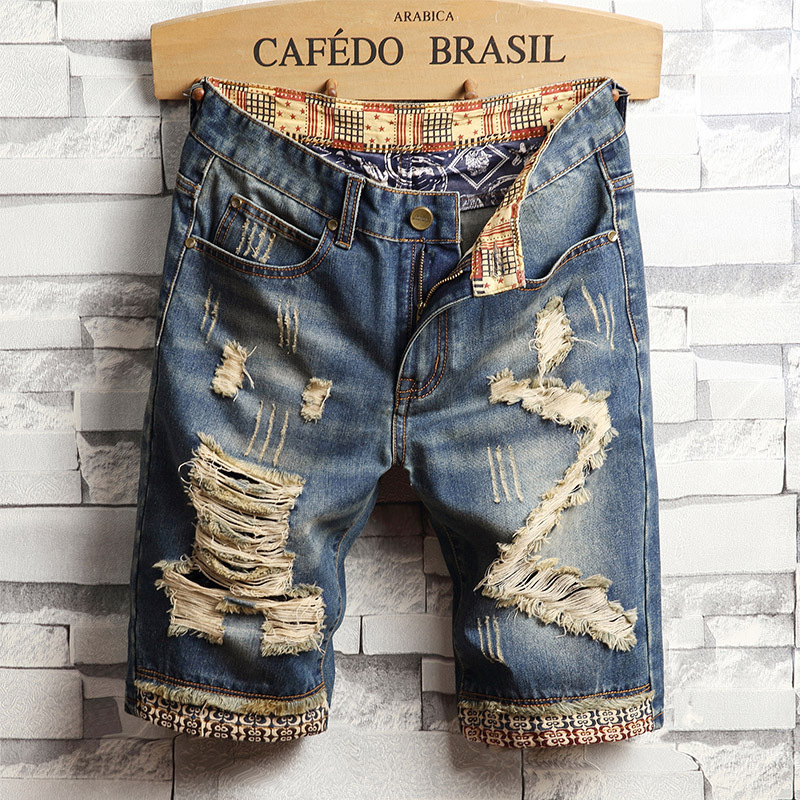 Summer Men's Ripped Distressed Shorts Versatile Korean Style Five-Point Denim Shorts Casual Ripped Design